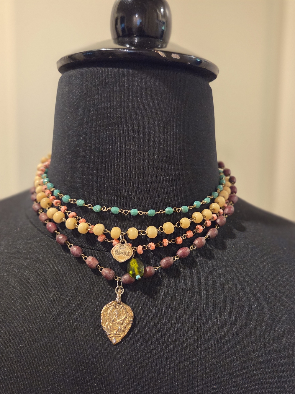 Vintage Multicolor Wood Beaded Multi-strand Layered Charms Necklace